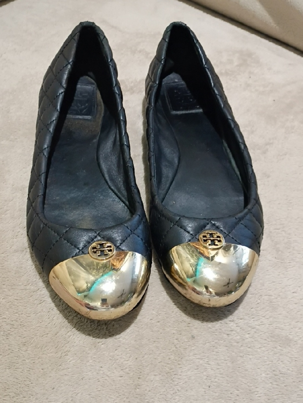 Tory Burch Black Quilted Ballet Flats with Gold Cap Toe. - Picture 3 of 10